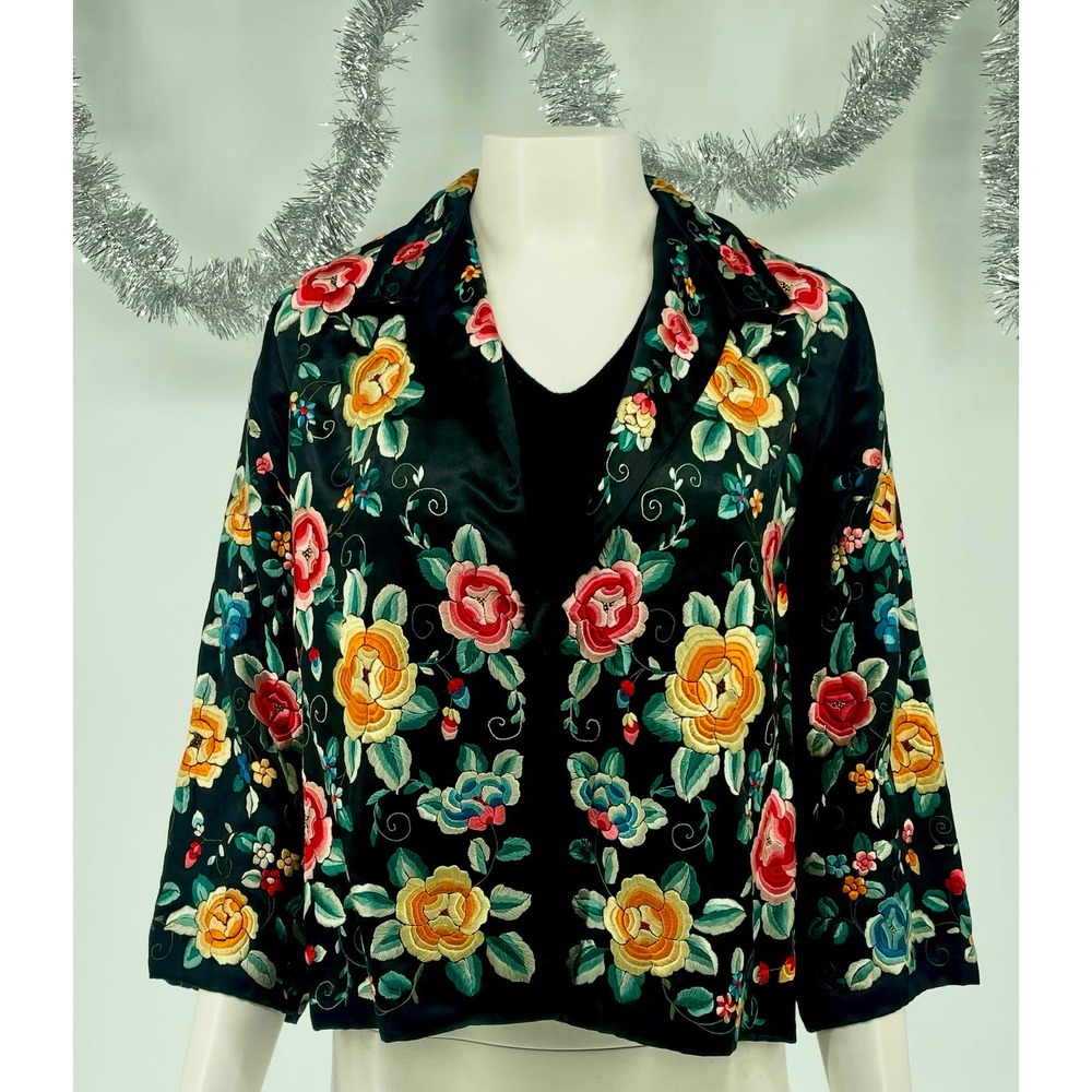 Antique 1920s Chinese Export Silk Satin Embroidered Floral Evening Jacket